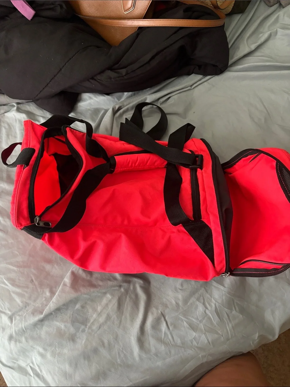 Nike Bright Red Duffel Bag with White Swoosh
